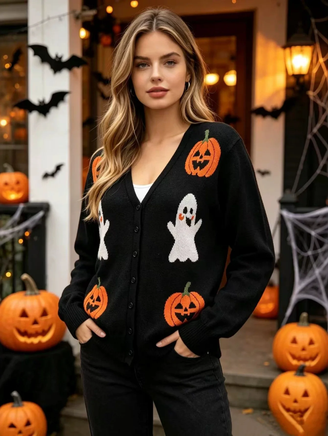 Women Halloween Pumpkin Sweater Cardigan Autumn Winter New V Neck Long Sleeve European American Style Knitwear