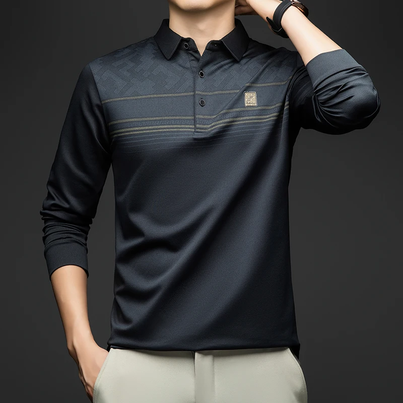 

Мужская рубашка-поло BROWON, весна-осень 2021, повседневная свободная мужская рубашка с длинным рукавом, отложным воротником и принтом в полоску, роскошная мужская одежда