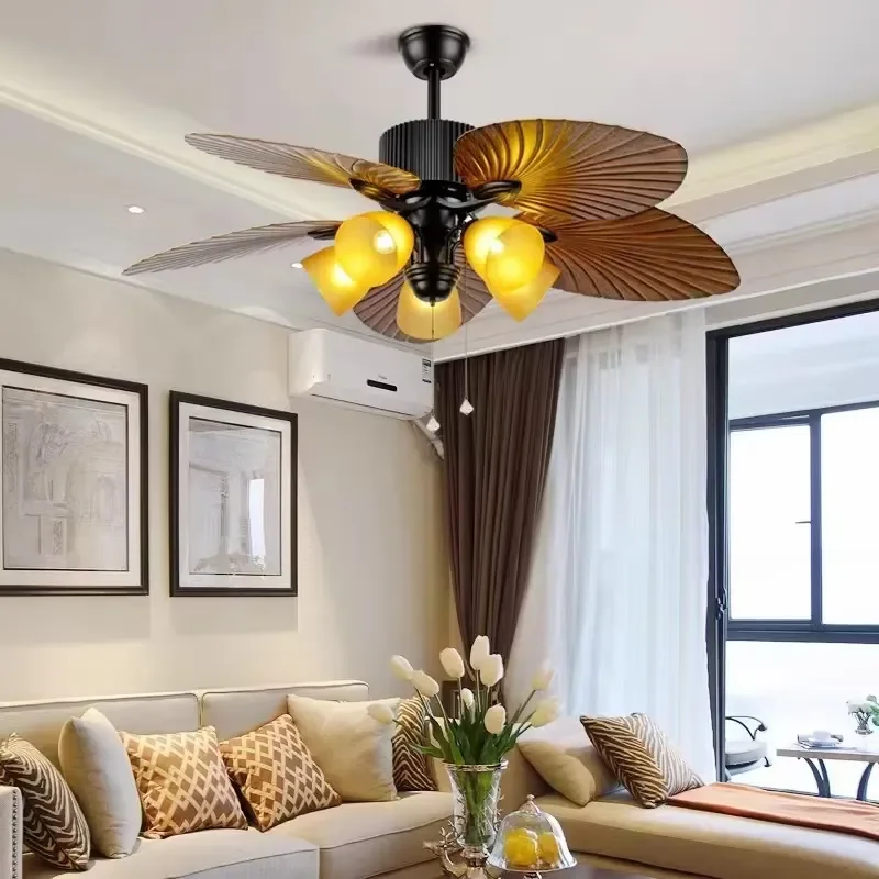 Modern LED Inverter Ceiling Fan Lamp with 5 Blades and AC Motor Smart Remote Control for Living Room Metal Body Palm