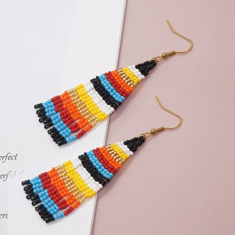 Beaded earrings Tassel Rainbow Originality Design Hand knitting Bohemia Alloy Tide Versatile Gradient color Rice bead earrings