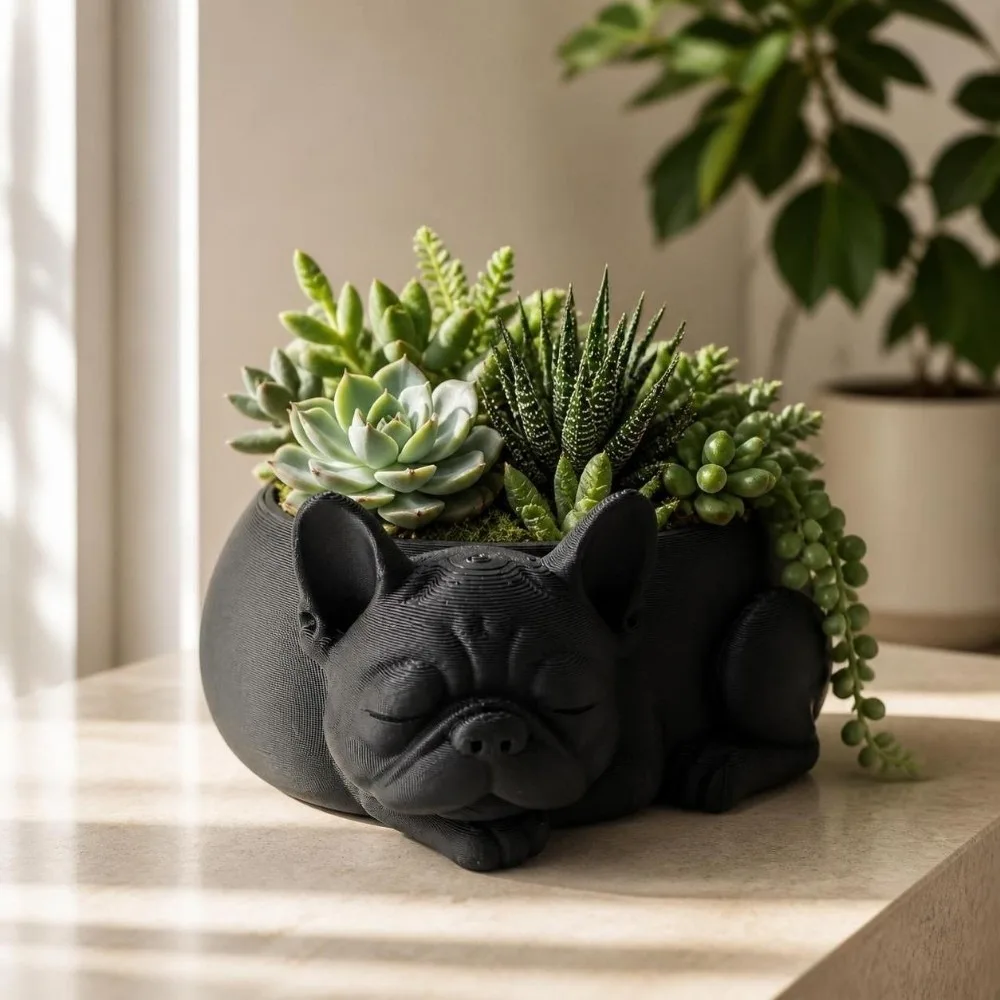 3D Printed Succulent Flower Pot Funny Ornaments Puppy Figurine Desktop Decor Creative Bulldog Plant Pot Garden