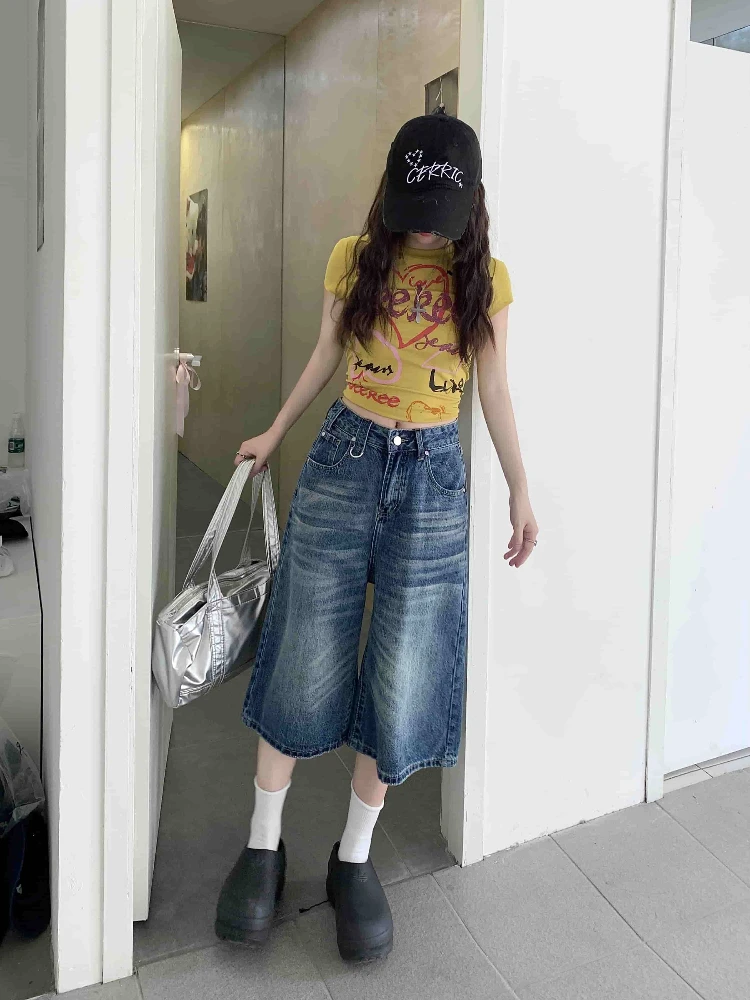 Retro-gewaschene Vintage-Jeans mit weitem Bein, 2025, Sommerfrauen, neue hohe Taille, schlankmachende, vielseitige, lockere Mode, fünf kurze Hosen