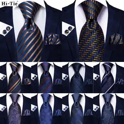 Silk Elegent Tie For Men Navy Blue Striped Necktie Handky Cufflink Fashion Business Wedding Party Dropshiping Hi-Tie Designer