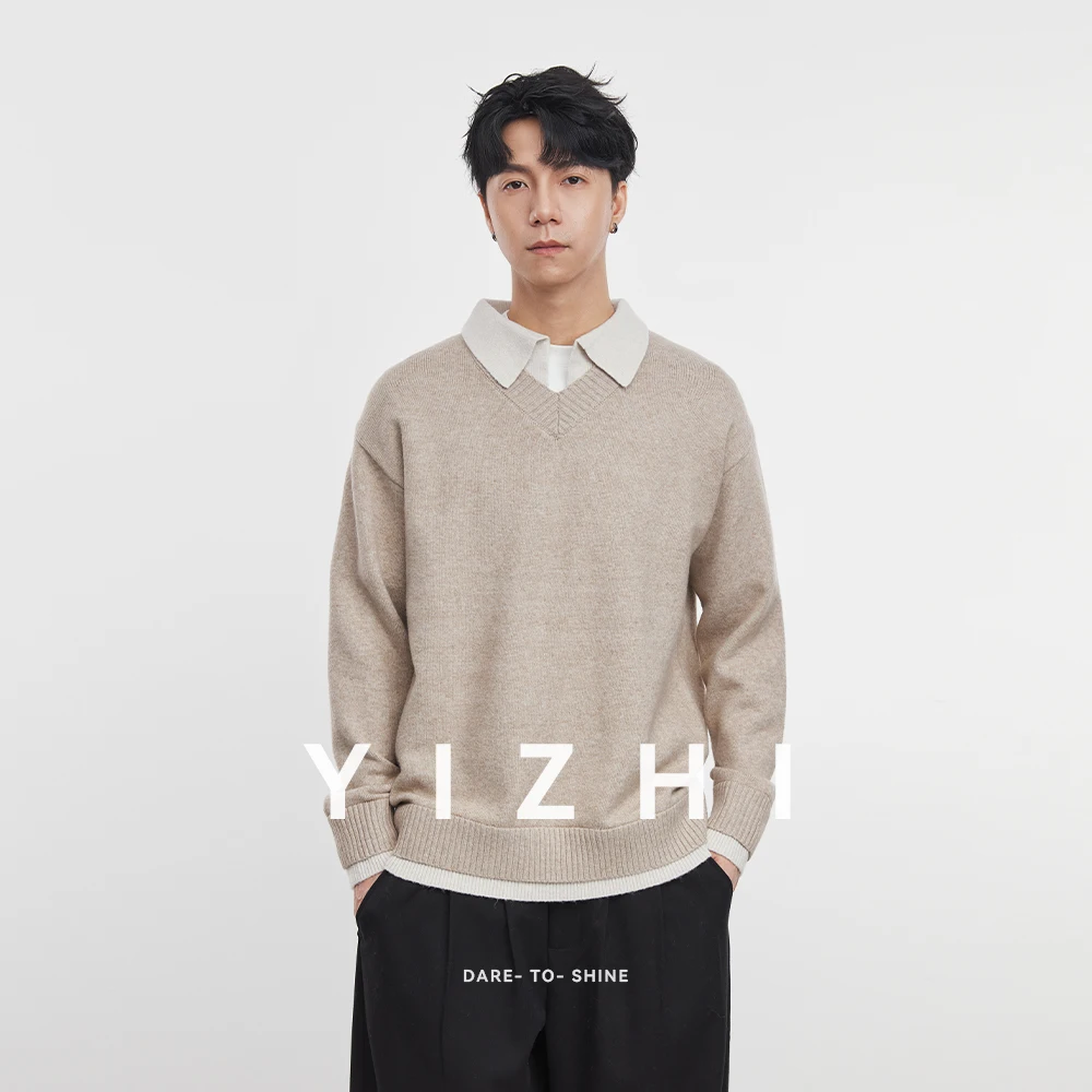 2025 Autumn and Winter New Men's High-grade Shirt Collar Splicing Fake Two-piece Knitted Sweater Loose Men Long-sleeved Sweater
