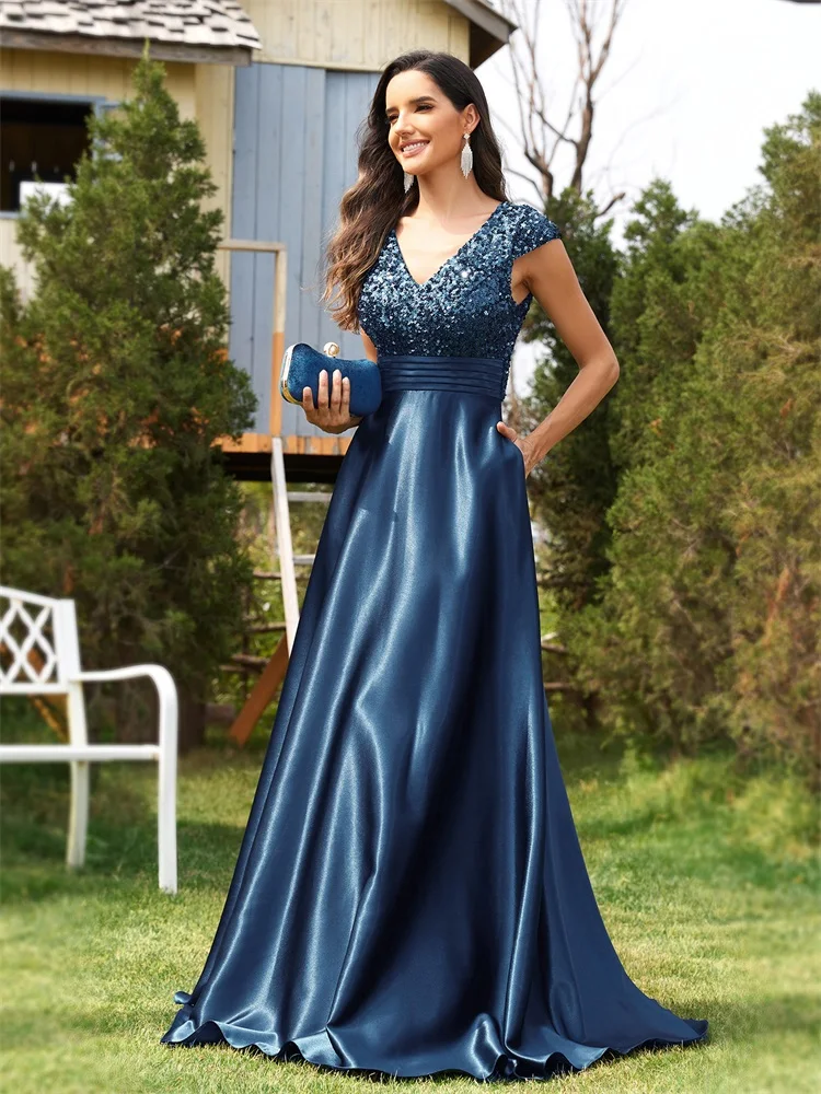 Xuibol Plus Size elegante V-Ausschnitt grün Pailletten Abendkleid lang 2024 Luxus Frauen Satin Kurzarm Party Abschluss ball Cocktail kleid