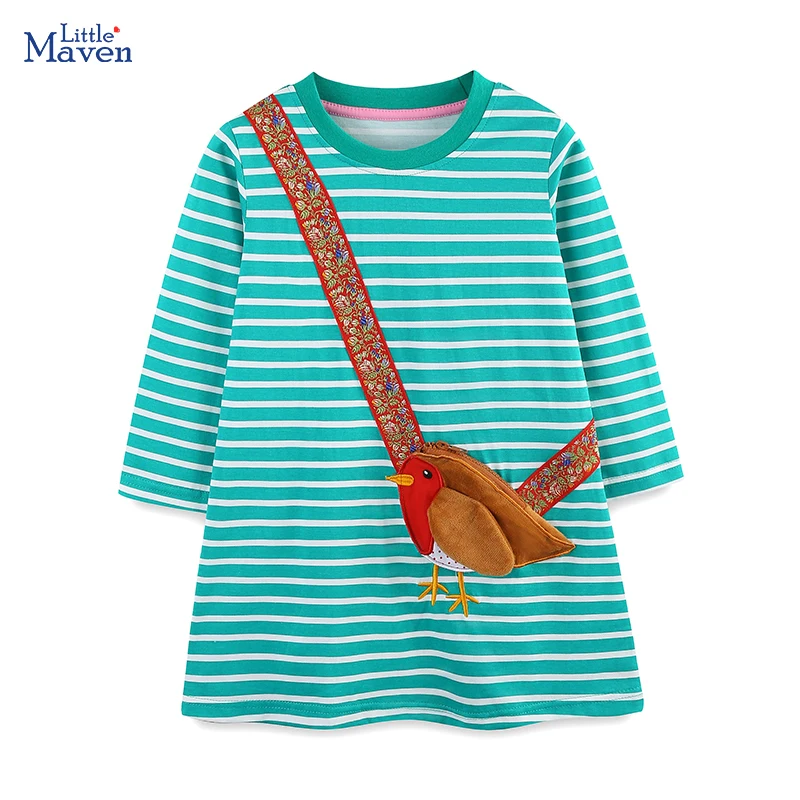 Little Maven Mädchenkostüme Umhängetasche Tier Vögel Stil Kinder Langarmkleid Herbst Frühling Baby Kinder Freizeitkleider