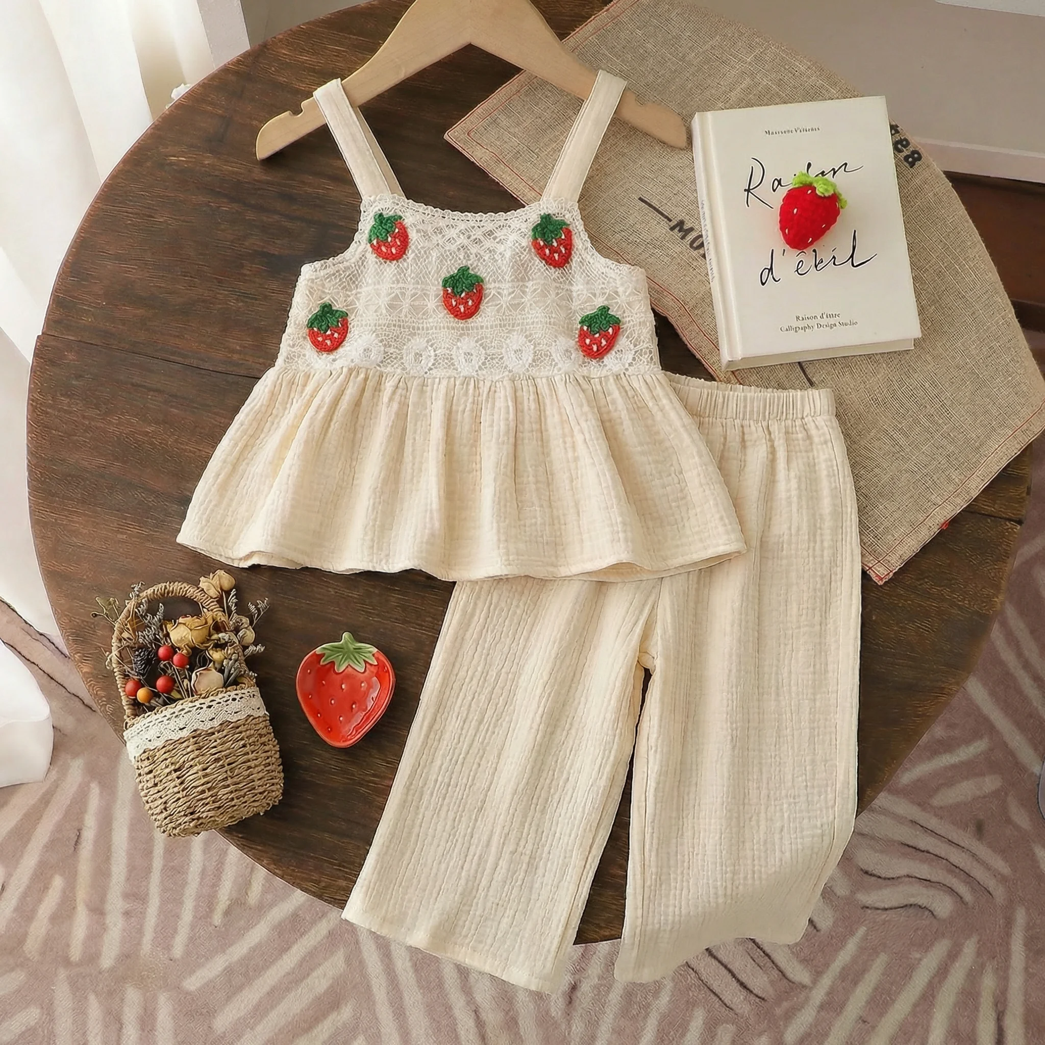 Summer New Beige Cute Girl Casual Suit Strawberry Lace Camisole Top+wide Leg Pants Two-piece Set Korean Version