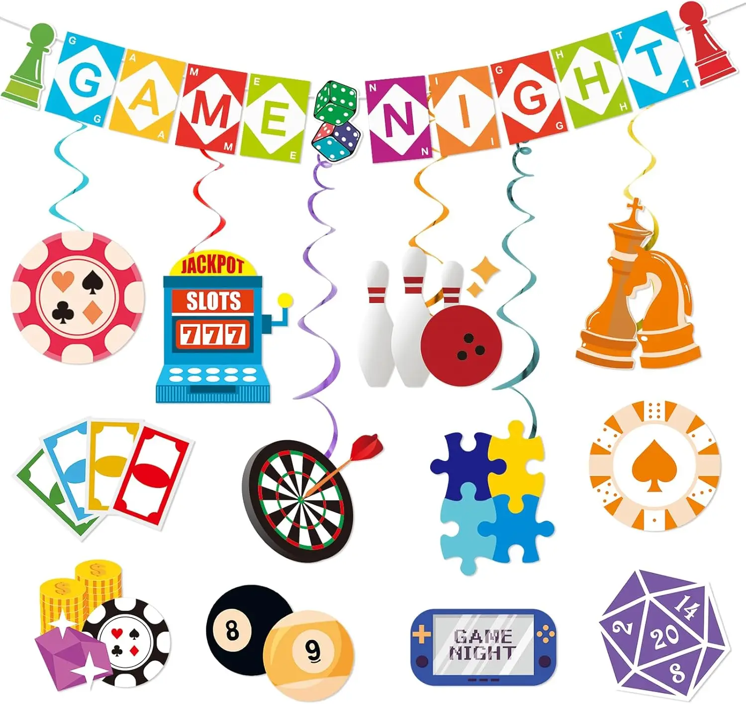 

Funny Game Night Decorations: Chess & Card Game Theme Banner, Ceiling Streamers, Stickers for Kids & Adults – Party Supplies