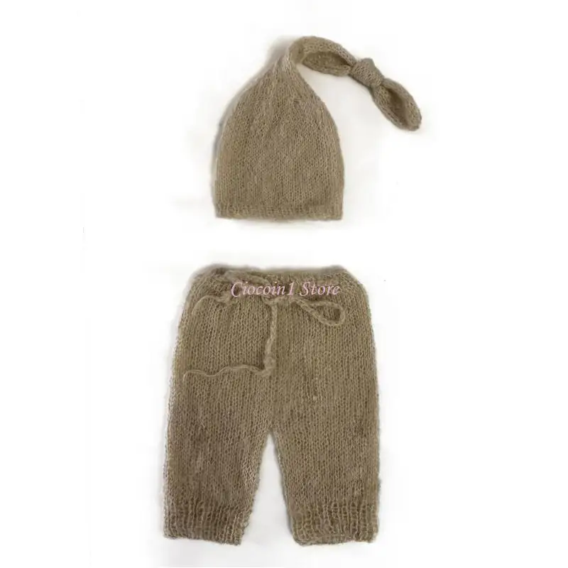 

Y1UB Одежда для детской фотосессии, вязаные крючком брюки, длинный хвост, тюрбан, шляпа, комбинезон для фотосессии для одежда