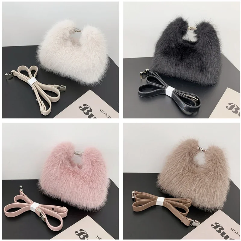 Women Plush Handbags Lady Shoulder Small Faux Fur Crossbody Bag  Long Wool Half-Moon Hobos Winter