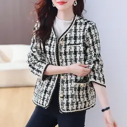 2023 Autumn Winter New Versatile Fashion Slim Plaid Top V-neck Long Sleeves Comfortable Elegant Office Lady Leisure Female Coat