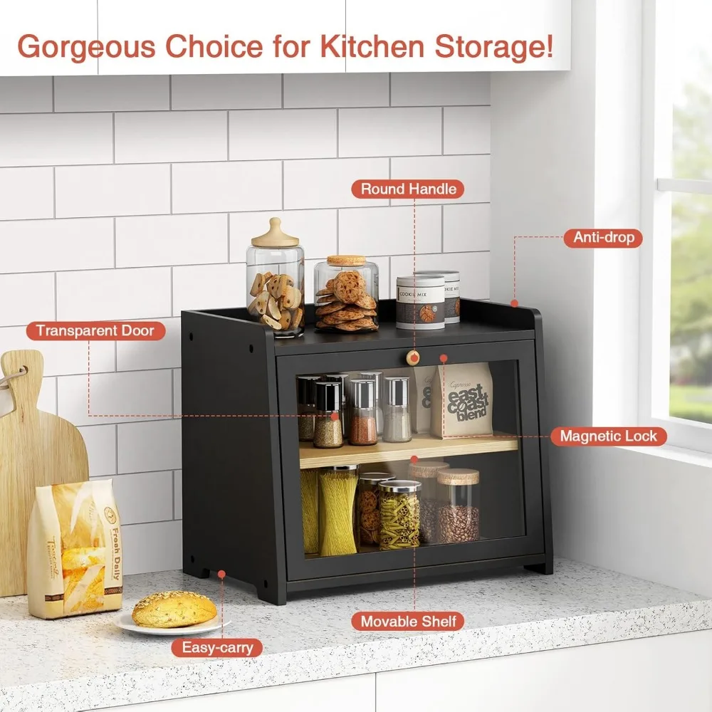 صندوق خبز كبير للمطبخ، حاوية تخزين خبز على الطراز الخشبي الريفي للأطراف المنزلية، منظم خبز على سطح الطاولة