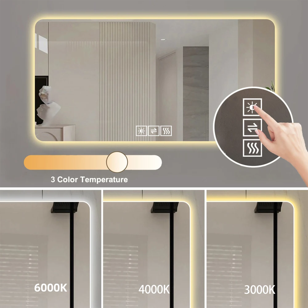 28*60인치 LED 욕실 거울, 부식 방지, 3색 밝기 조절 가능, 원터치 김서림 기능이 있는 백라이트 거울