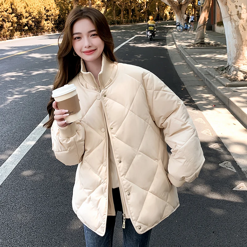 

AOSSVIAO Slim Solid Color Diamond Grid Cotton Jacket Women's Short Style Thickened False Two-Piece Coat Solid Color Loose Parkas
