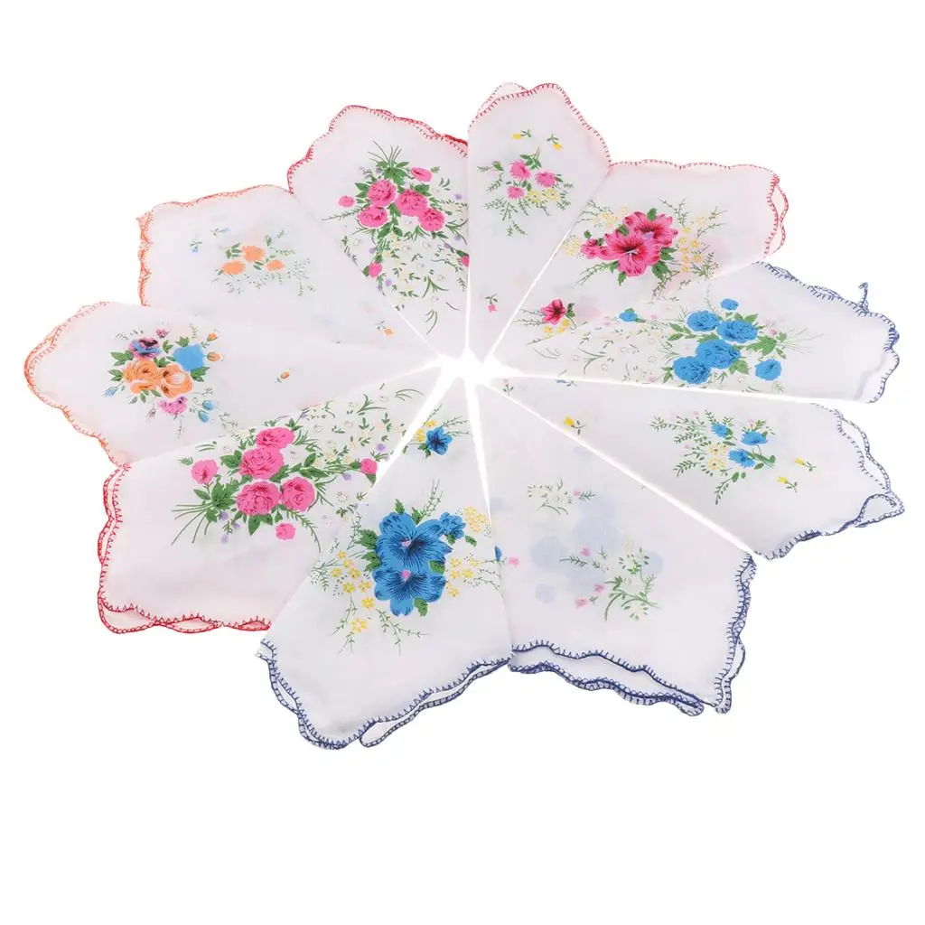 10PCS Womens Beautiful Cotton Floral Handkerchief Wendding Party Fabric Hanky