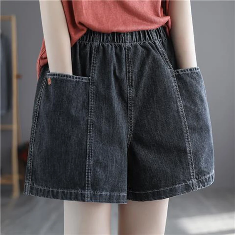 

Summer new loose denim shorts women's large pockets versatile stretch high waist fashionable versatile wide leg shorts
