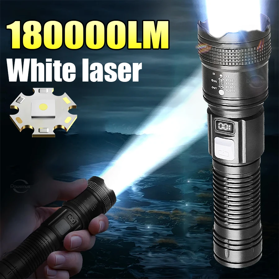 180000 Lumens Rechargeable LED Flashlight White Laser Long Shot Tactical Torch 1500M Zoomable High Power Flash Light USB Lantern