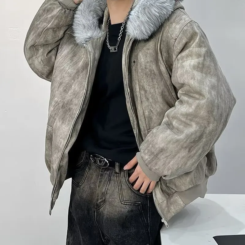 Tie-dye Cotton Padded  Jacket with Fur Collar Winter Men's Warm  Thick Outdoor Jacket