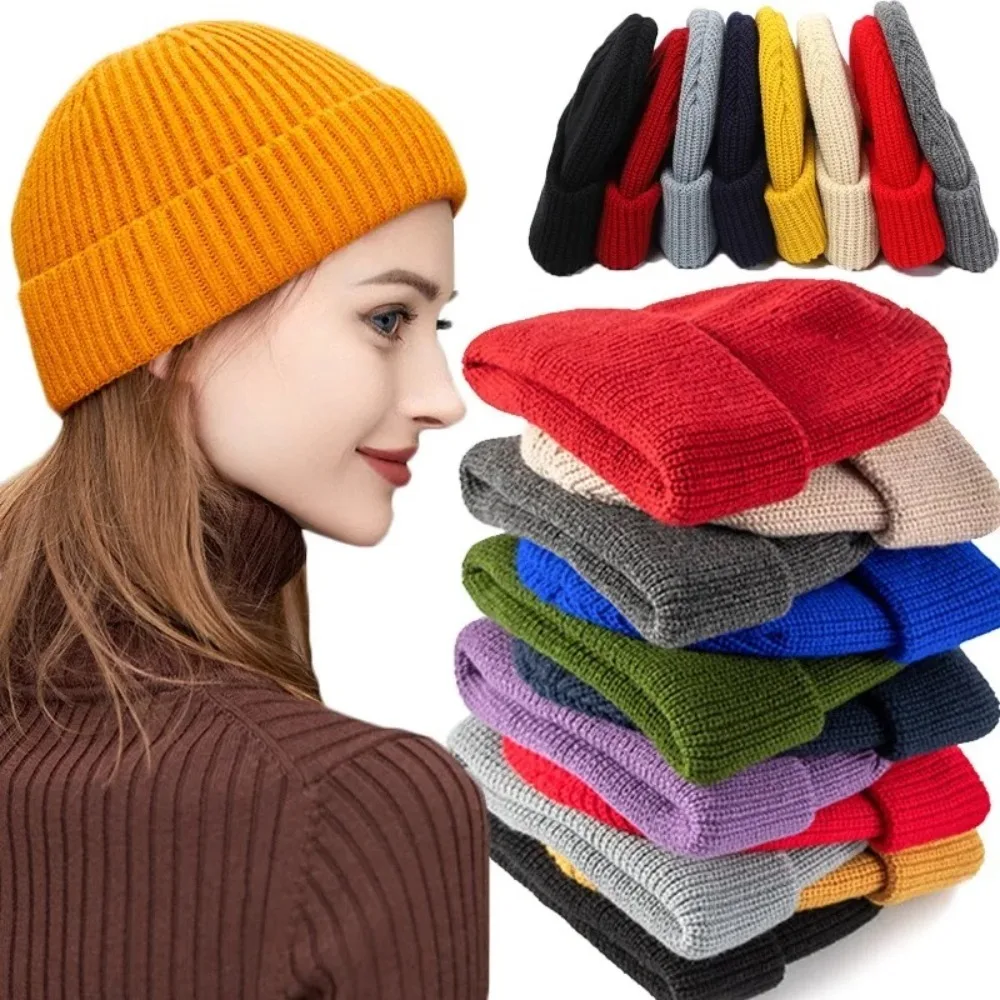 Autumn Winter Unisex Hip Hop Caps Solid Color Cuffed Beanie Classic Ribbed Knit Warm Skull Caps Outdoor Daily Hats for Men Women
