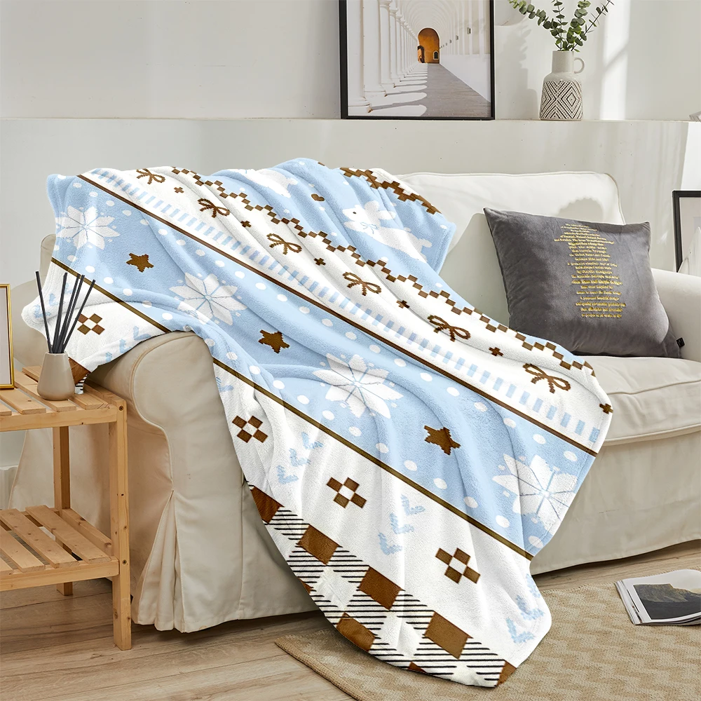Nordic Fair Isle Blue Brown Warm Flannel Fleece Blanket Thick Soft Cozy Throw Blanket for Winter Bed Couch Plush Bedspread