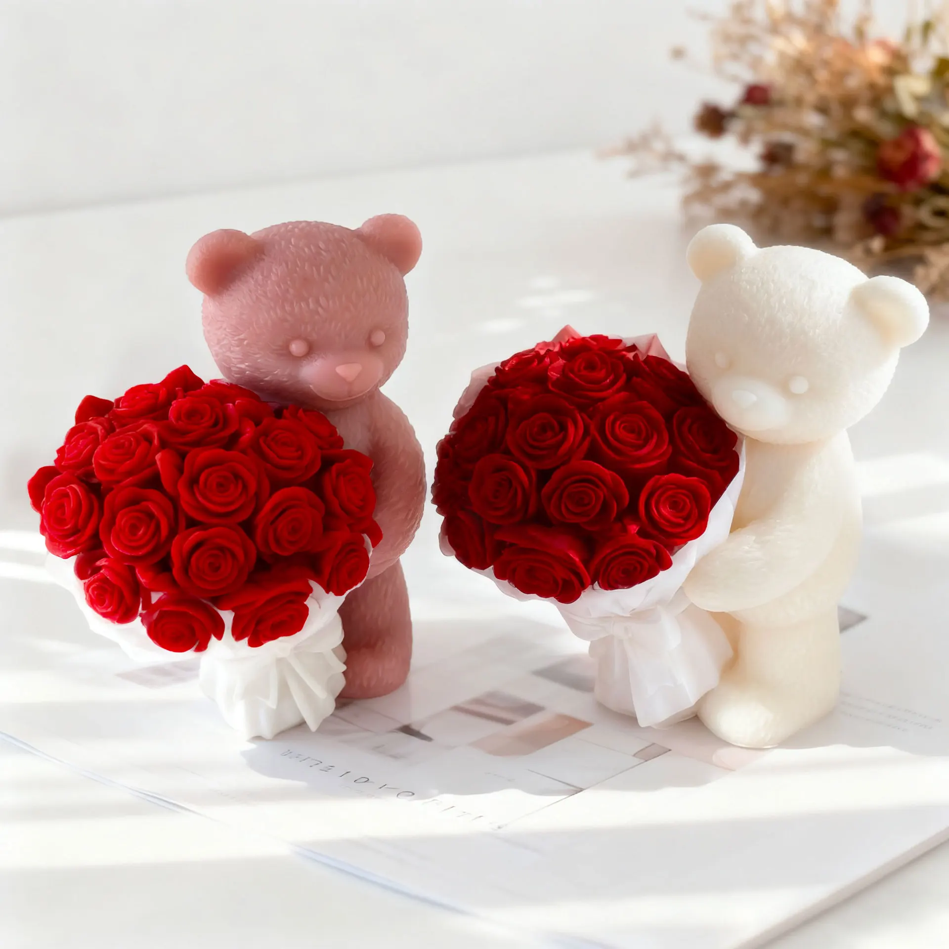 Fai da te San Valentino Bouquet di rose Orso Stampo in silicone Regalo fatto a mano Aroma Candela Stampi in gesso Orsi carini Forniture per la produzione di candele