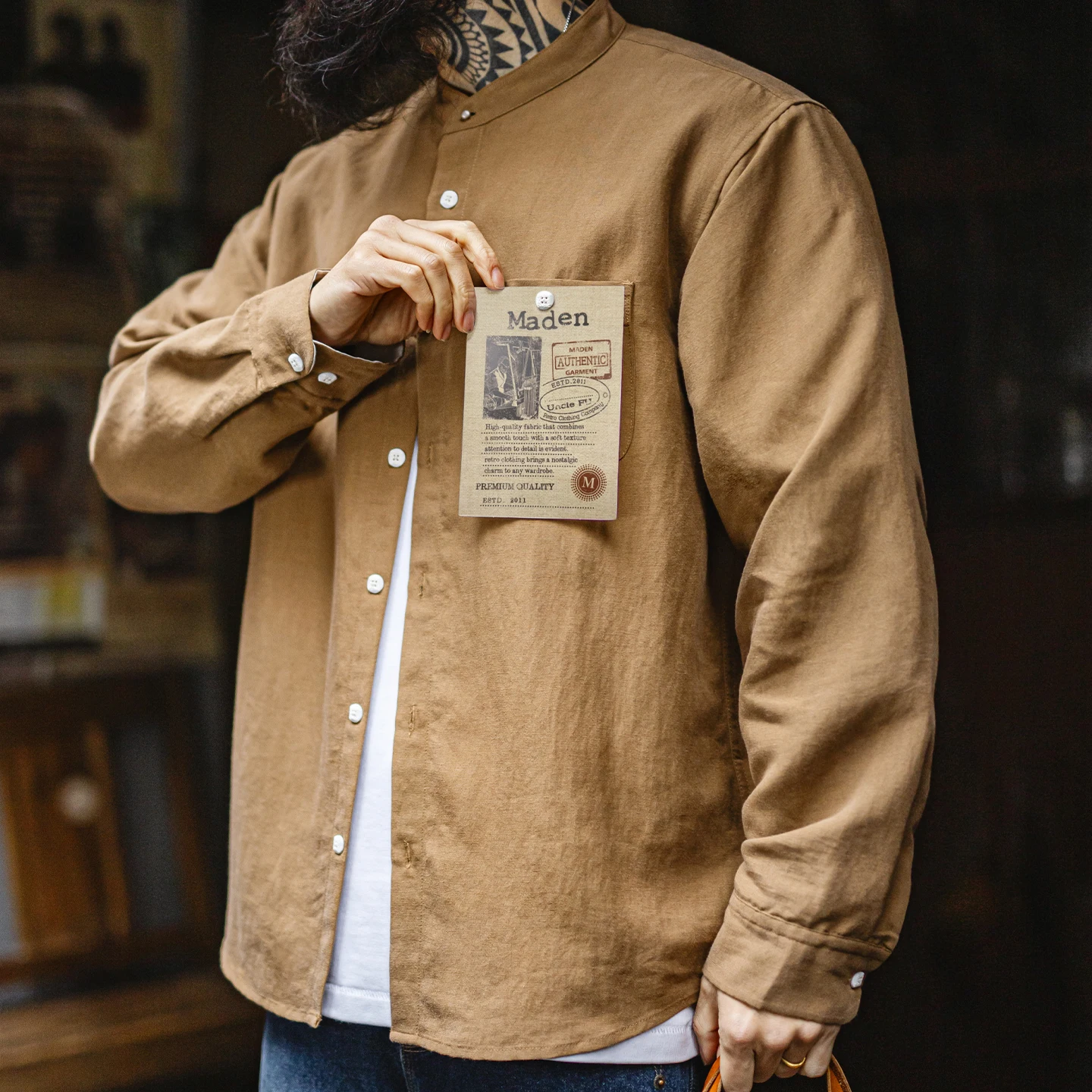 

Maden Men's Casual Lyocell Long Sleeved Shirt Solid Color Single-Breasted Chest Pocket Blouse Old Money Style Smart Spring Top