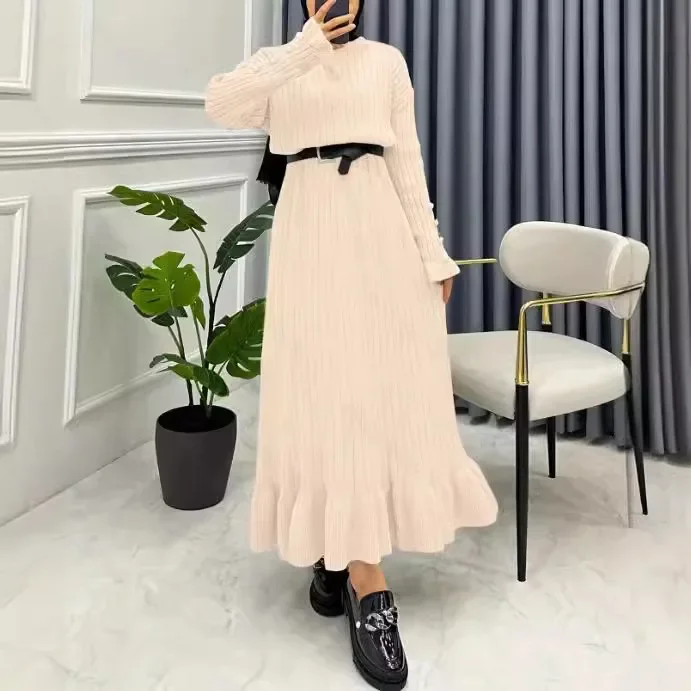 Vêtements Abaya pour femmes, robe musulmane Nouveau Produit de Dubaï, Arabe Document solide avec ceinture, robe décontractée élégante et longue.