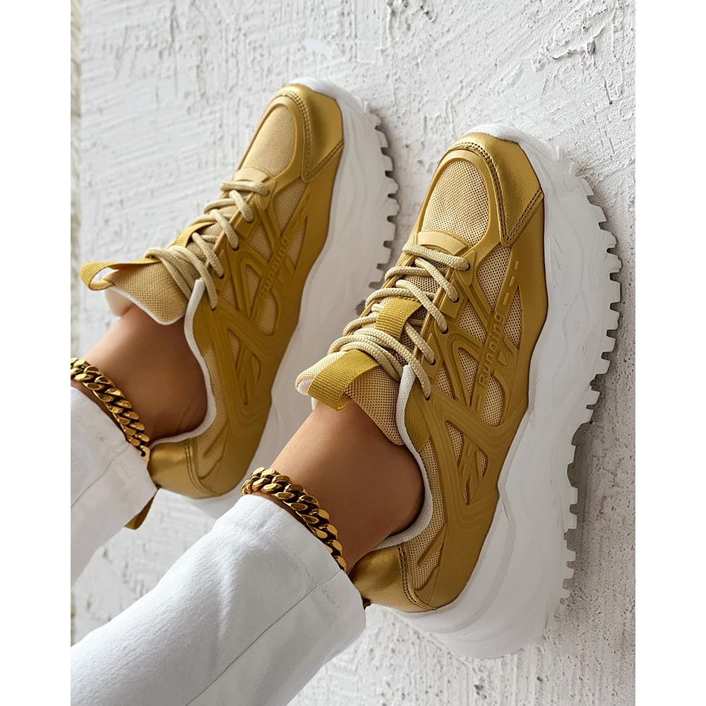 Women Running Pattern Breathable Mesh Sneakers Gold Casual Round Toe Sports Shoes Spring Fashion Going Out Lace-up Sneakers