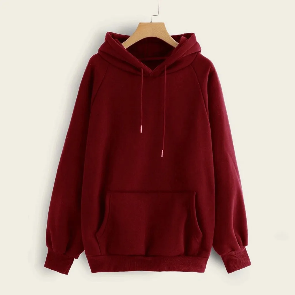 Jersey básico para mujer, sudaderas informales de Color sólido con hombros caídos, sudaderas con capucha de gran tamaño para otoño, bolsillo con capucha y cordón para mujer