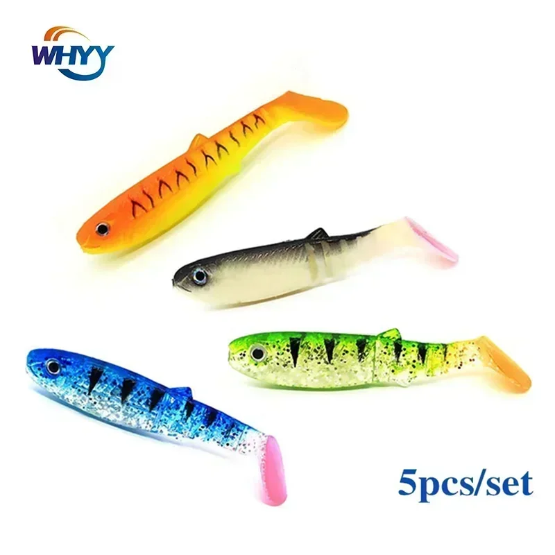 5pcs/lot 8cm 6g Fishing Soft Lures 3D T-tail Wobblers Worm Fishing Silicone Fish Artificial Bait Fishing for Jig Head