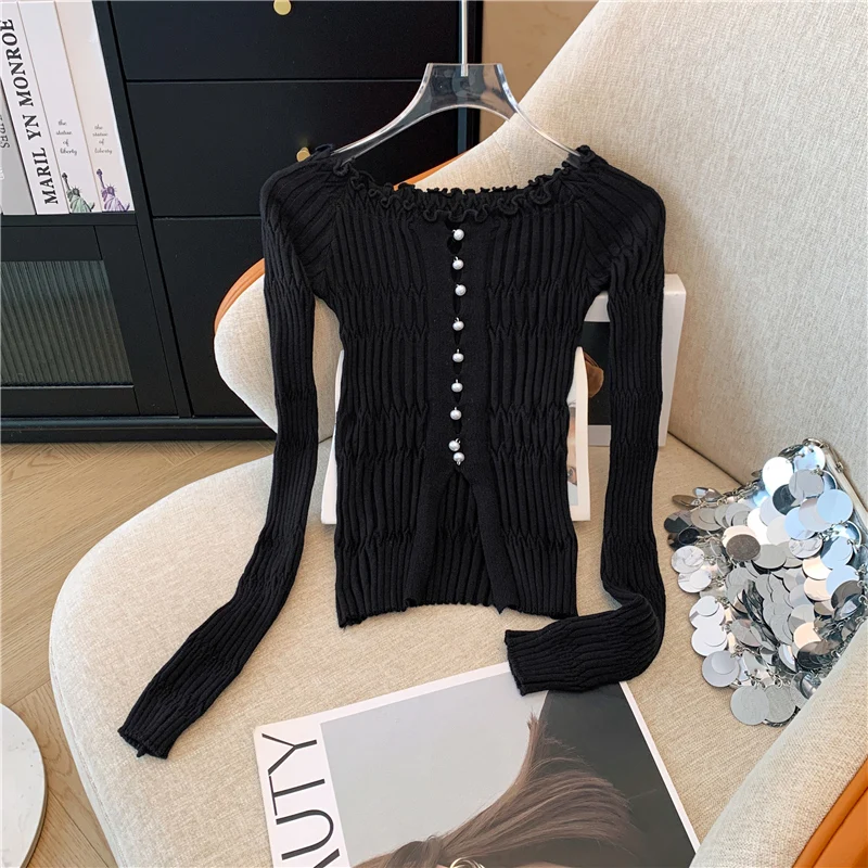 Haut en tricot côtelé pour femmes, épaules dénudées, manches longues, boutonné, Cardigan ajusté, Coquette pour adolescentes, tenue des années 90, Y2K