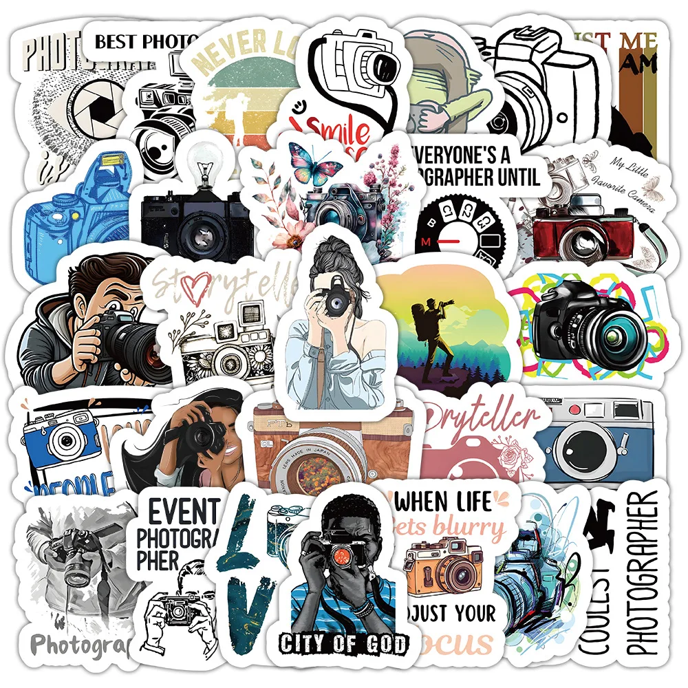54 pezzi interessanti adesivi per cartoni animati per fotografo, gadget per fotocamera, decalcomanie, bagagli, skateboard, tazza, telefono, adesivi impermeabili