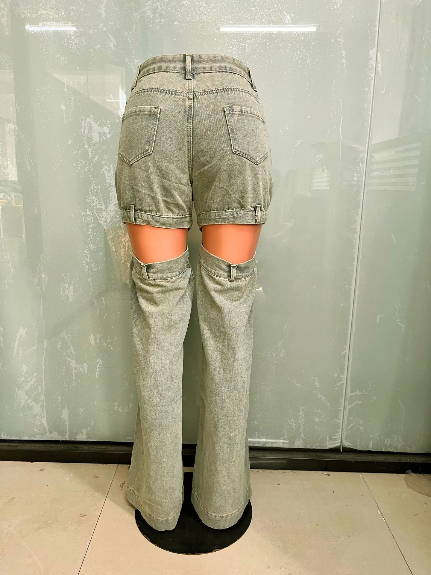 Women's High Street Fashion Retro Washed Hollow Out Jeans Personalized New Female Vintage Show Legs Sexy Nightclub Denim Pants