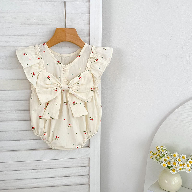 

Baby Summer Cherry Print Jumpsuit Short Sleeve Triangle Jumpsuit Girl Baby Sweet Cute Jumpsuit with Bow for Summer Toddlers Baby