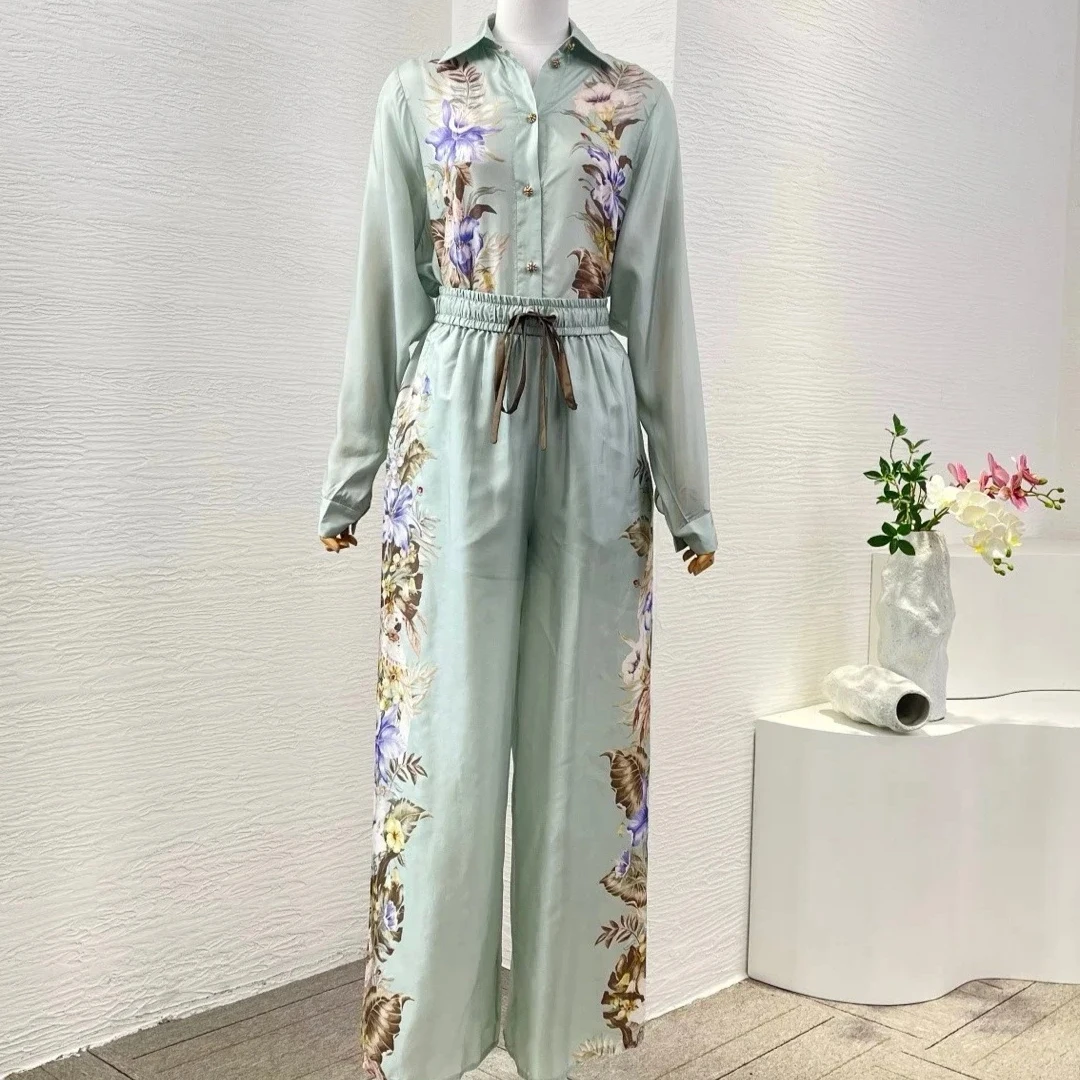 

2025 New Design High quality Silk Green Sage Floral Brid Print Long Sleeve Lapel Blouse Tops and Pants Set
