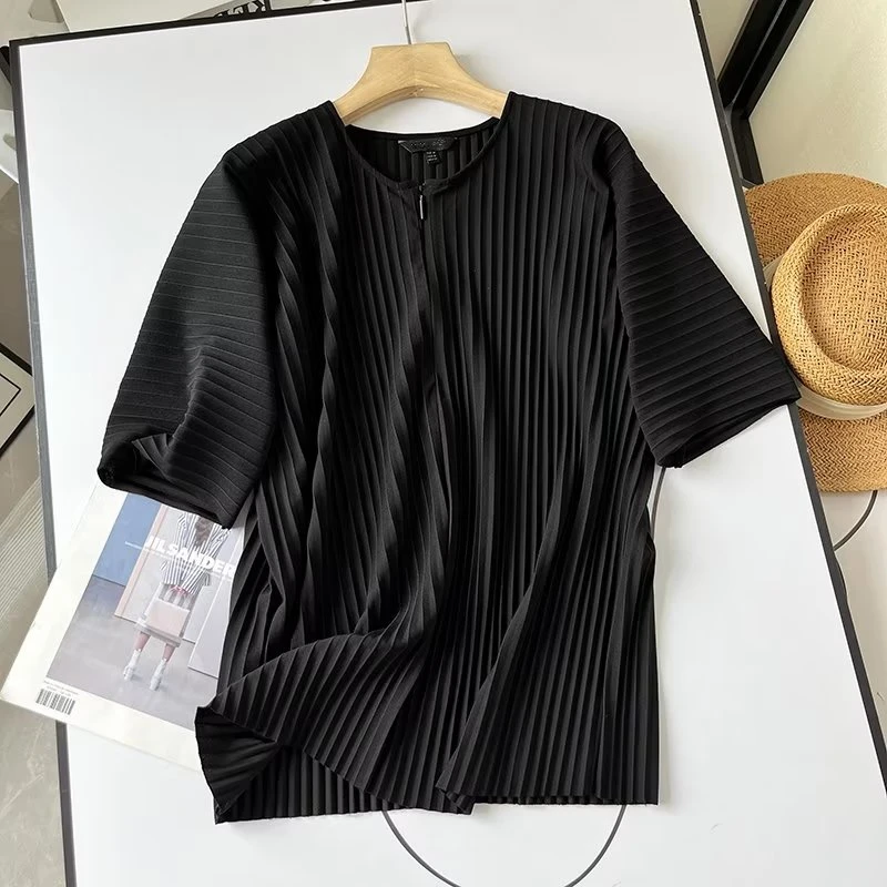 Dave&Di British Fashion Office Ladies Neck Zipper Loose  Round Pleated Top Black Casual Summer T-Shirt Women