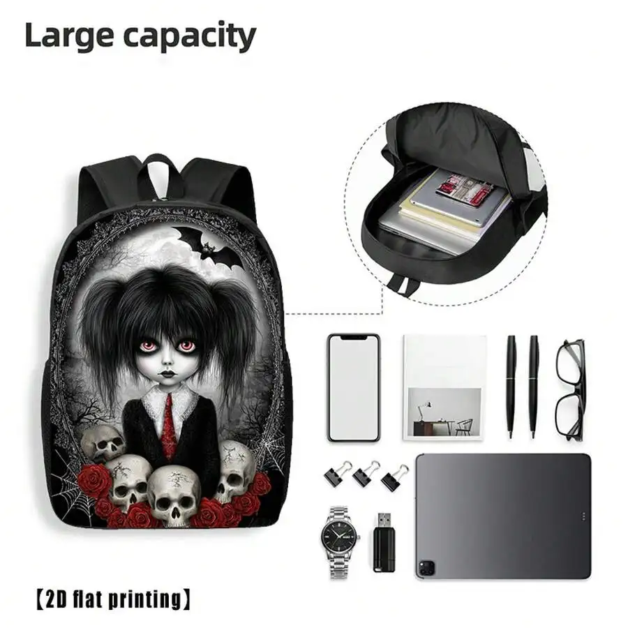 

Gothic Skull And Rose Print Backpack For Adults - 17 Inch Laptop Bag With Adjustable Straps, Unisex Travel Work Bag