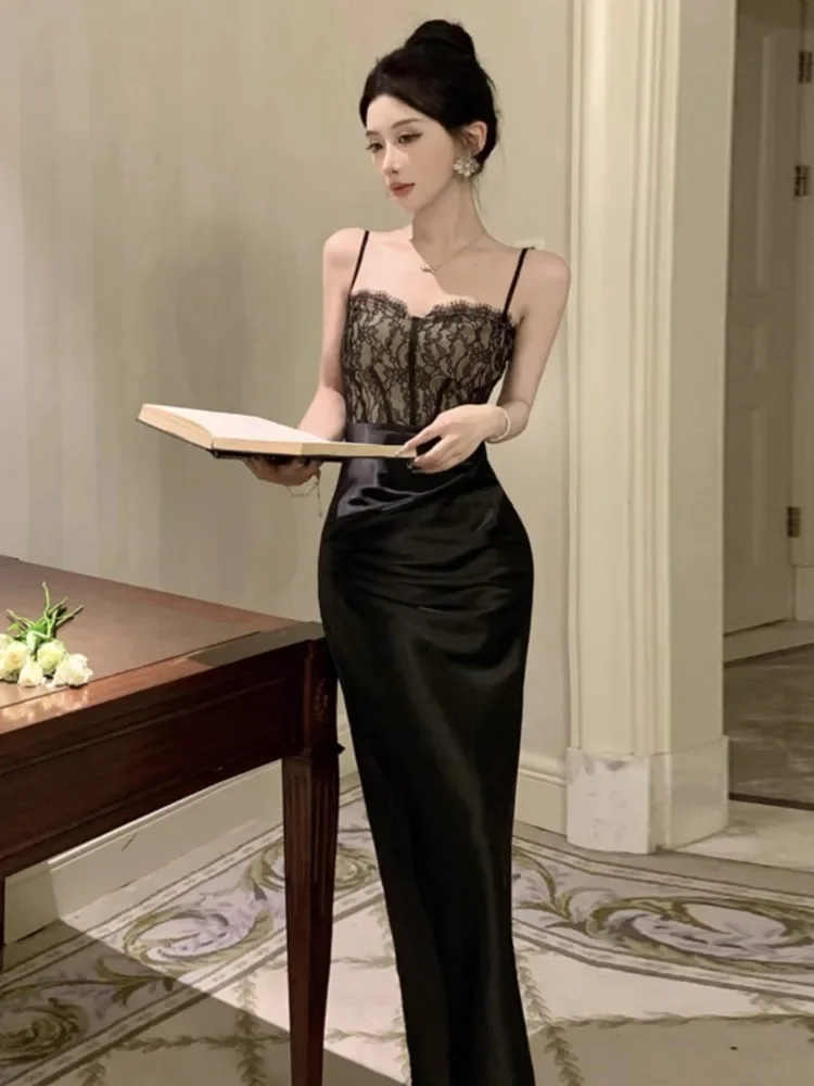 Topanoma Evening Dresses Women Sexy Lace Patchwork Sleeveless Slim Backless Vintage Cocktail Dress Banquet Birthday Party Prom