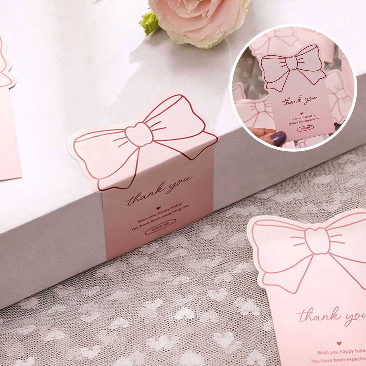 

2025 Trendy Bowknot Long Gift Bag Stickers Thank You Open Me Pink Sealing Labels DIY for Wedding Package Box Wrapping Supply
