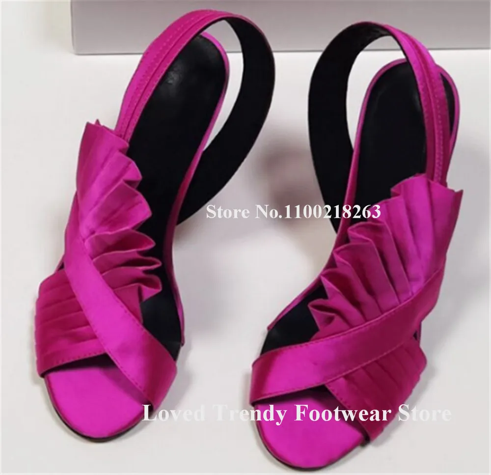 Women Elegant Pink Purple Gold Red Satin Ruffles Stiletto Heel Sandals Open Toe Fringes Straps Thin Heel Party Heels - view 2