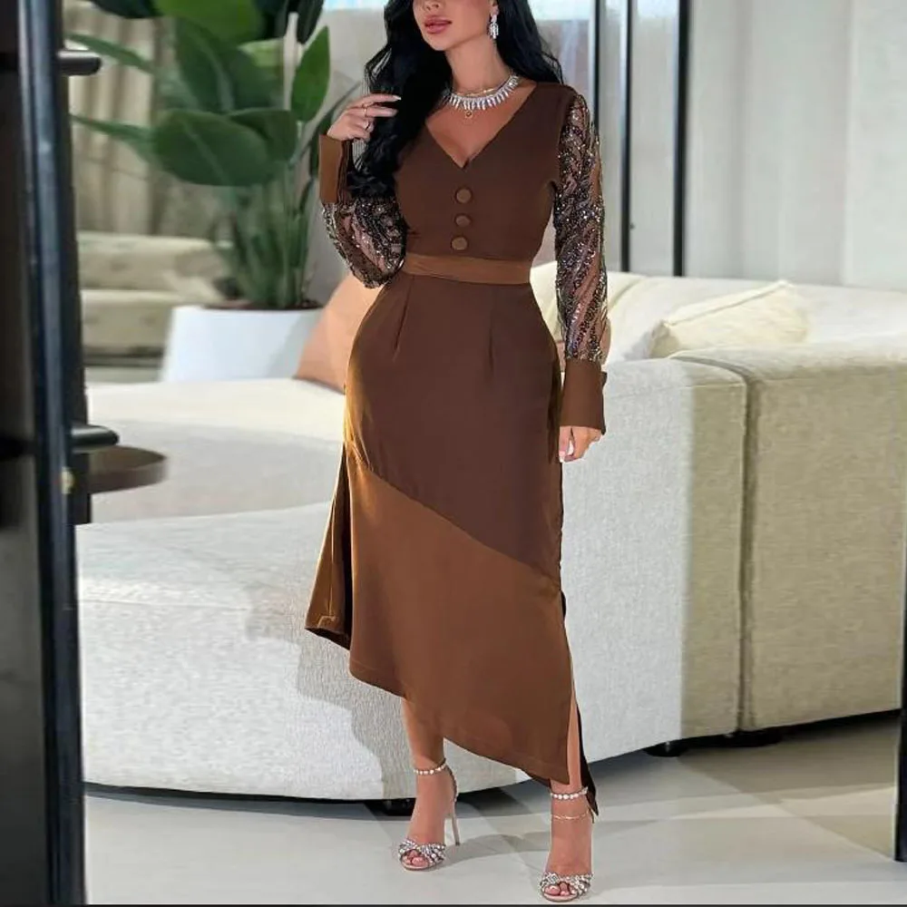 Customized Brown Asymmetrical Prom Dresses V Neck Sequin Full Sleeve Formal Cocktail Gown Patch Match Casual Dress for Women