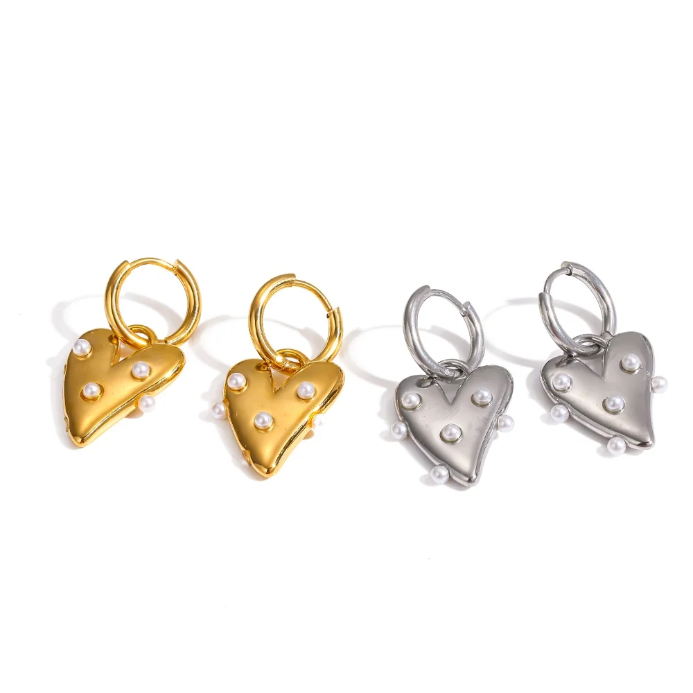 Herzförmige Ohrringe für Damen mit kleinen Perlen, aus Edelstahl, modischer Schmuck, Accessoire, Geschenk. – Detail 4