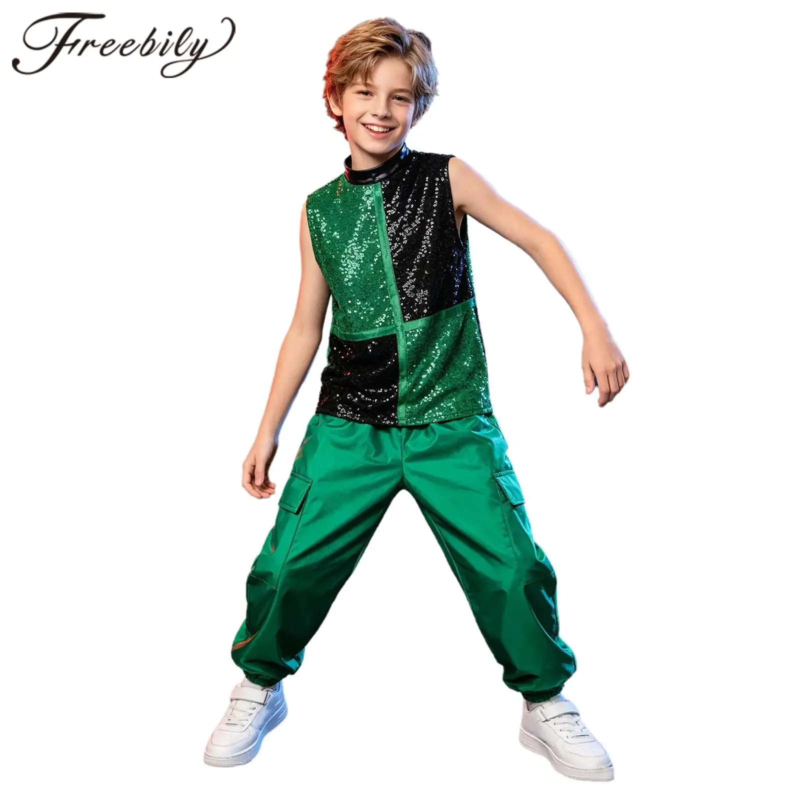 

Kids Boys Shiny Sequins Metallic Jazz Dance Costume Fashion Streetwear Top with Cargo Pants Children Modern Hip Hop Clothes