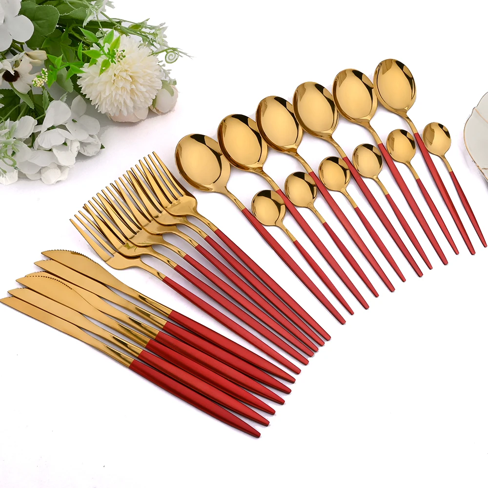 

AJOYOUS 24Pcs Tableware Sets Stainless Steel Cutlery Knives Forks Tea Spoons Dinnerware Kitchen Faltware Western Silverware