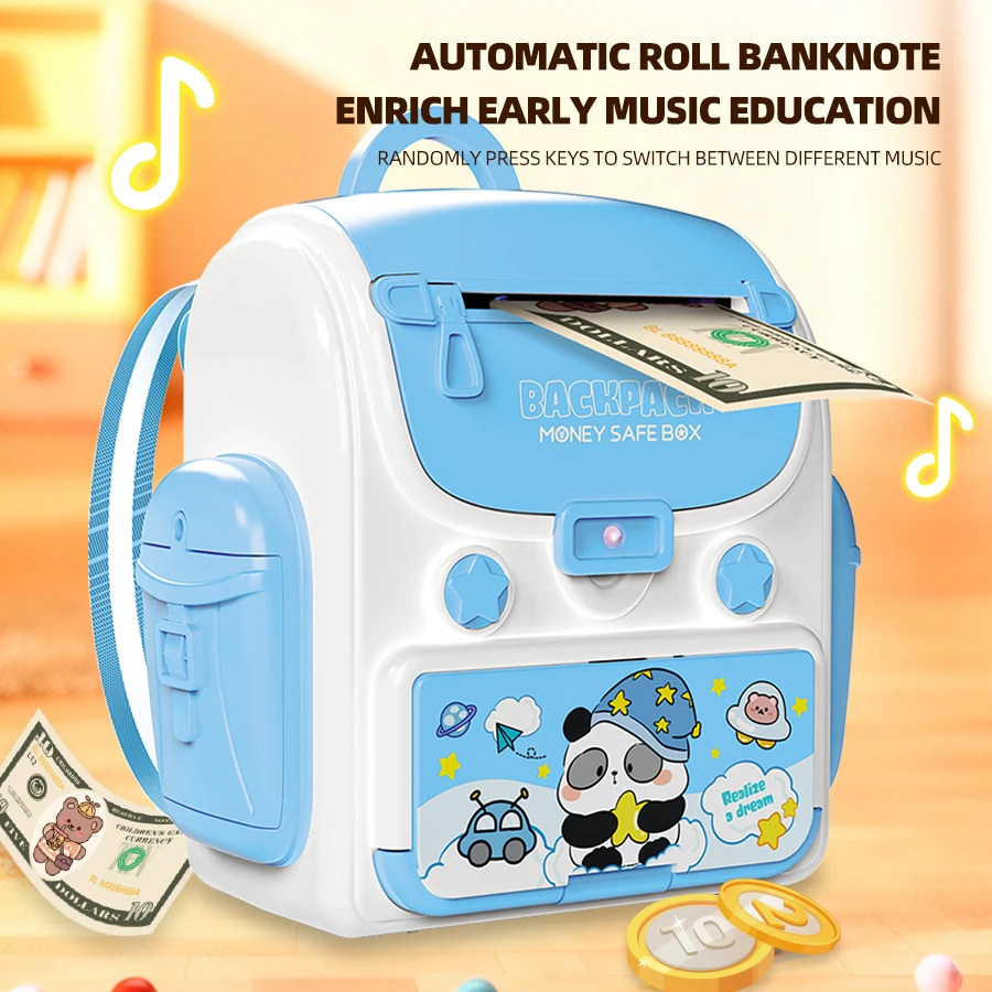 子供用バックパック貯金箱おもちゃ、自動誘導ロールマネーATM大型シミュレーション指紋パスワードロック解除ボックスギフト