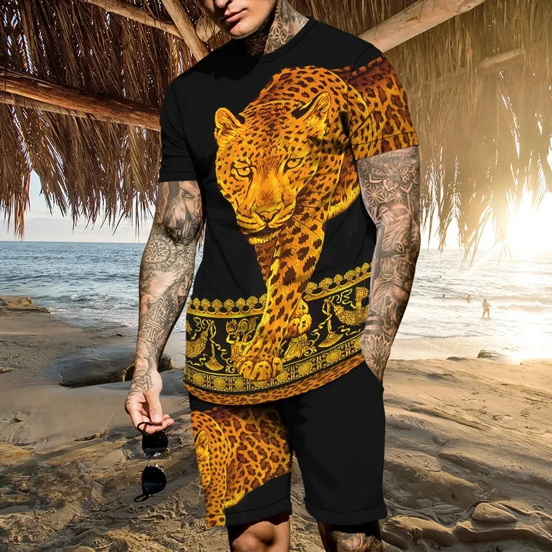 3D Printed Leopard Pattern Men Oversized T-shirt Shorts Set Fashion Short Sleeve Suit Plus Size Comfortable O-Neck Sports Top