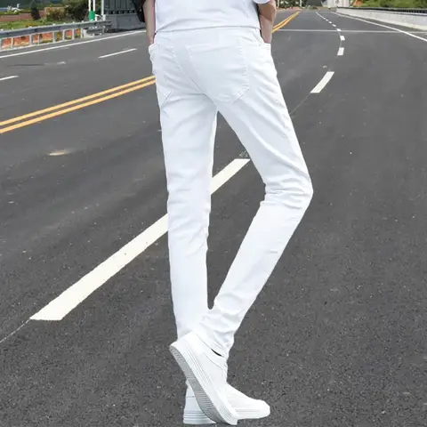 शुद्ध सफेद स्लिम फिट पुरुषों की जींस इलास्टिक सीधे पैर लंबे पतलून फैशनेबल कोरियाई शैली वसंत ग्रीष्मकालीन डेनिम पैंट 8 best sales पुरुषों की जींस - №8