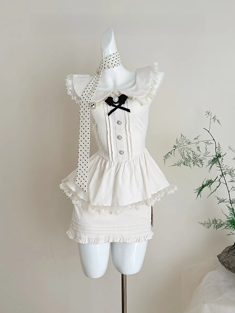 

Sweet Girl Chinese Style Dress LUCKYMAN Milk White Spring Summer Fashionable Skirt Suit Polyester Fiber 100% Student Uniform