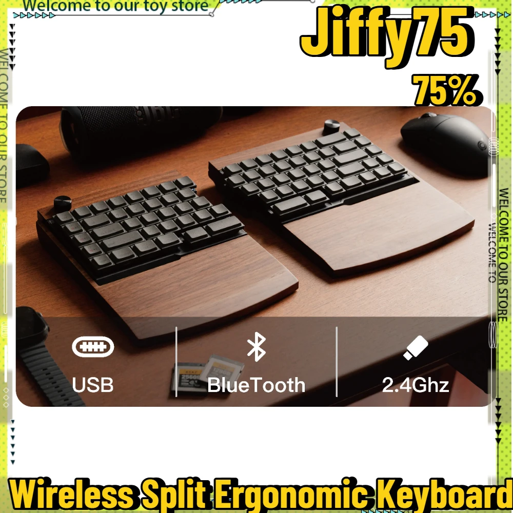 Jiffy75 Wireless Split Ergonomic Keyboard 75% Layout Tri-Mode Connectivity CNC Aluminum Unibody Dual 2800mAh JezailFunder Sp75
