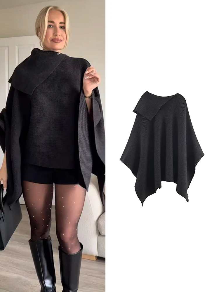 

﻿ TFMLN New Women's Cape Coat Fashion Batwing Long Sleeve Winter Woman Ponchos Cloak Knitted Pullover Asymmetrical Cloak Top